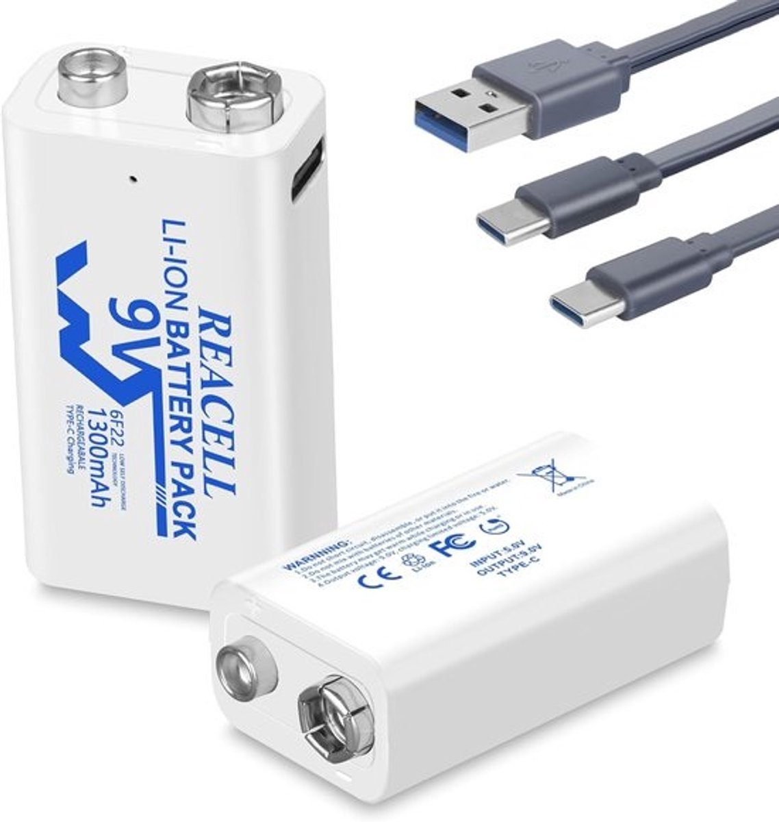 Oplaadbare Batterijen - 9V Blokbatterijen - Apparaten Voeden - USB-C Oplaadbaar - 1300mAh Capaciteit
