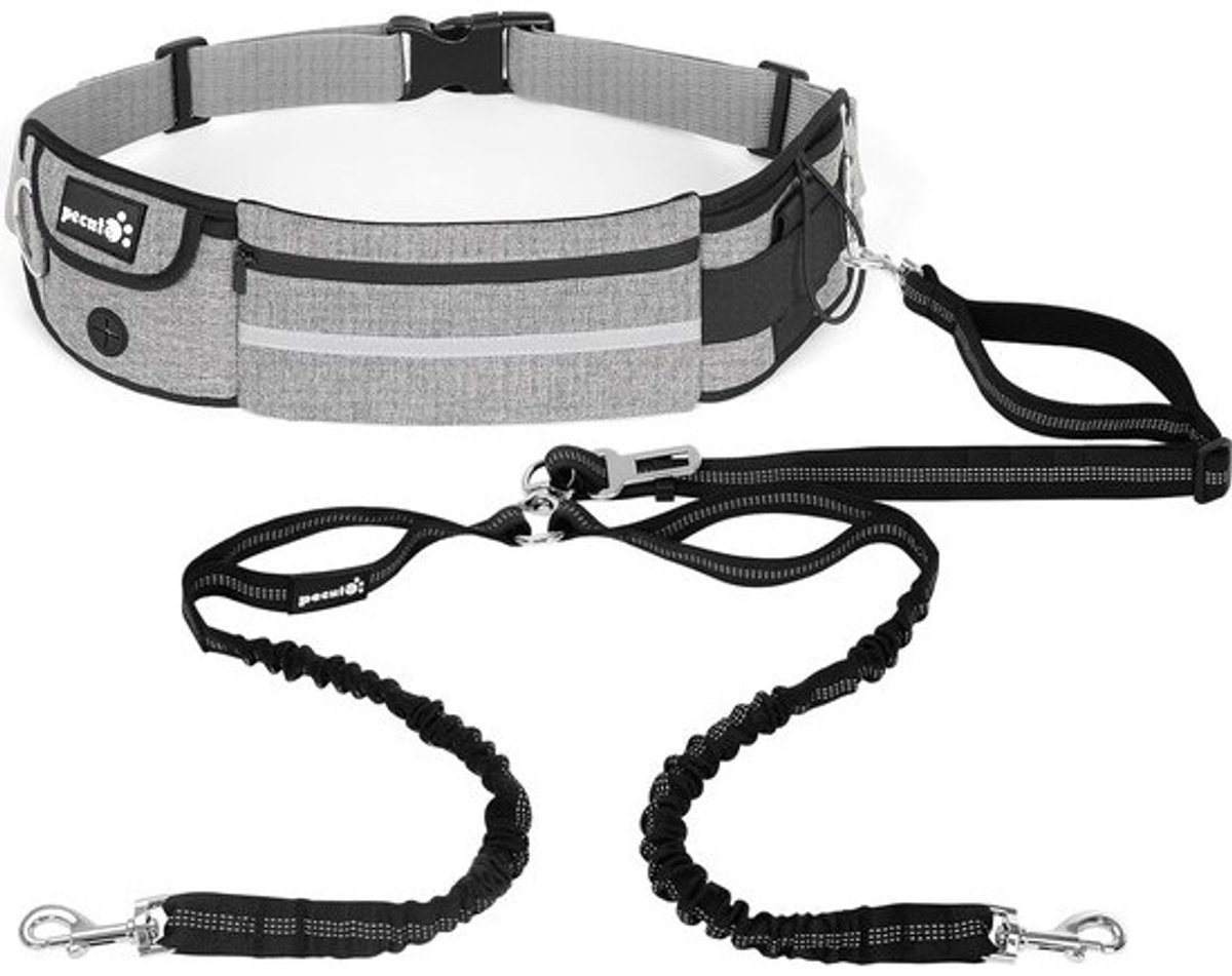 Hondenriem Handsfree - Wandelgordel - Honden uitlaten - Verstelbaar met vakken - 250cm uitrekbaar - Grijs
