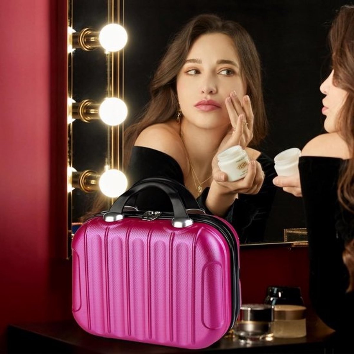 14 inch Mini Cosmetische Koffer voor Vrouwen, Hard Shell Vanity Case met Elastische Band en Ritssluiting, Draagbare Waterdichte ABS Lichtgewicht Beauty Case, Rosé