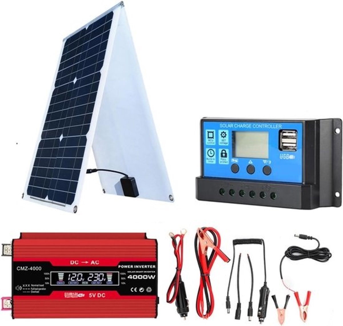 Zonne-energiesysteem Set - Energie Omvormer - Off-Grid Stroom - Compact Opvouwbaar Paneel - 4000W 12V - Rood