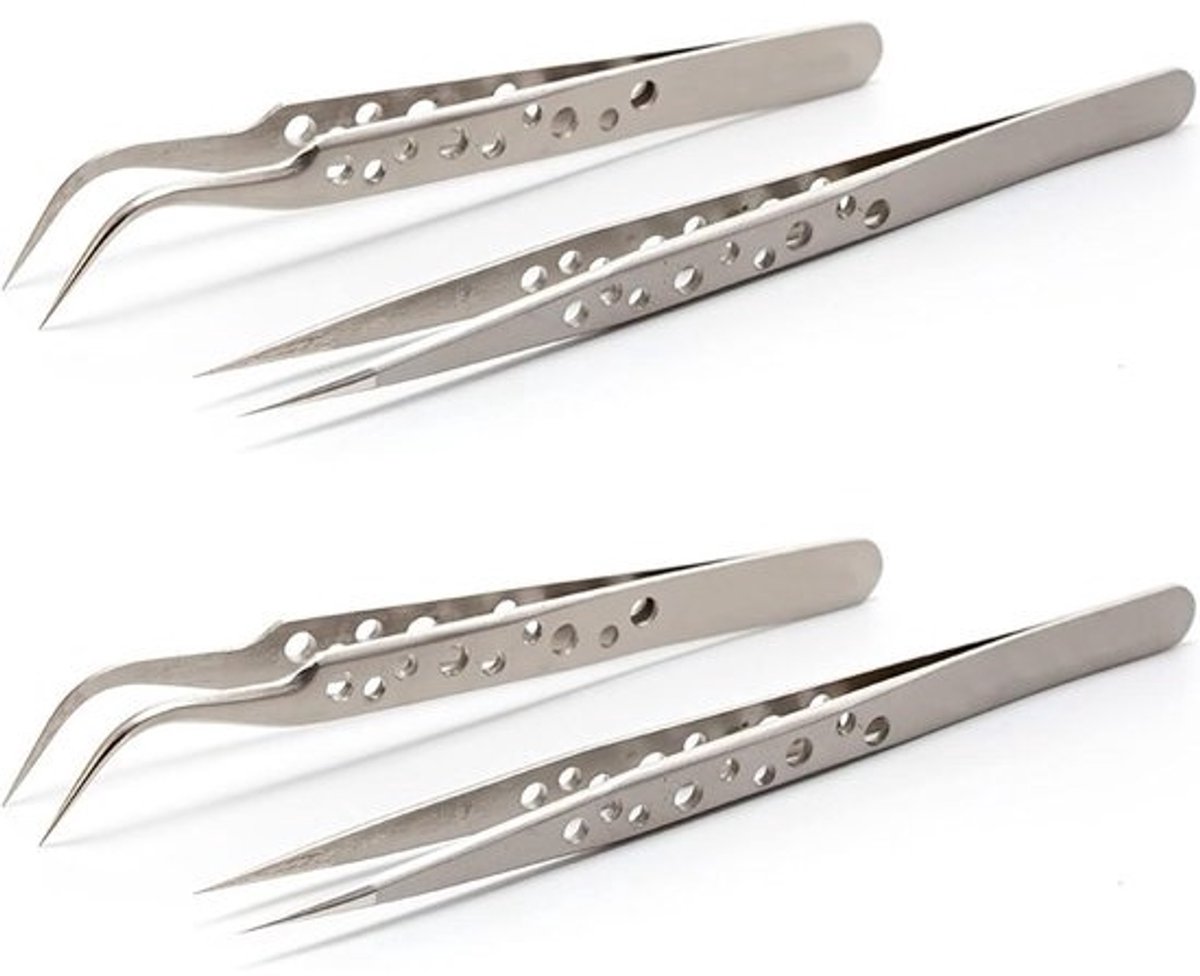 Pincetten set - Precisie gereedschap - Fijn werk - Antistatisch roestvrij staal - 4 stuks - Zilver