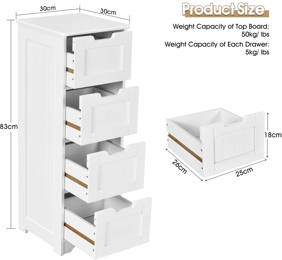 SureDeal® - Badkamerrekk - Vloeropbergkast Badkamerkast - Laden Vrijstaande Opbergkast - Woonkamer Keuken Slaapkamer - 30x30x83,5 cm - Wit