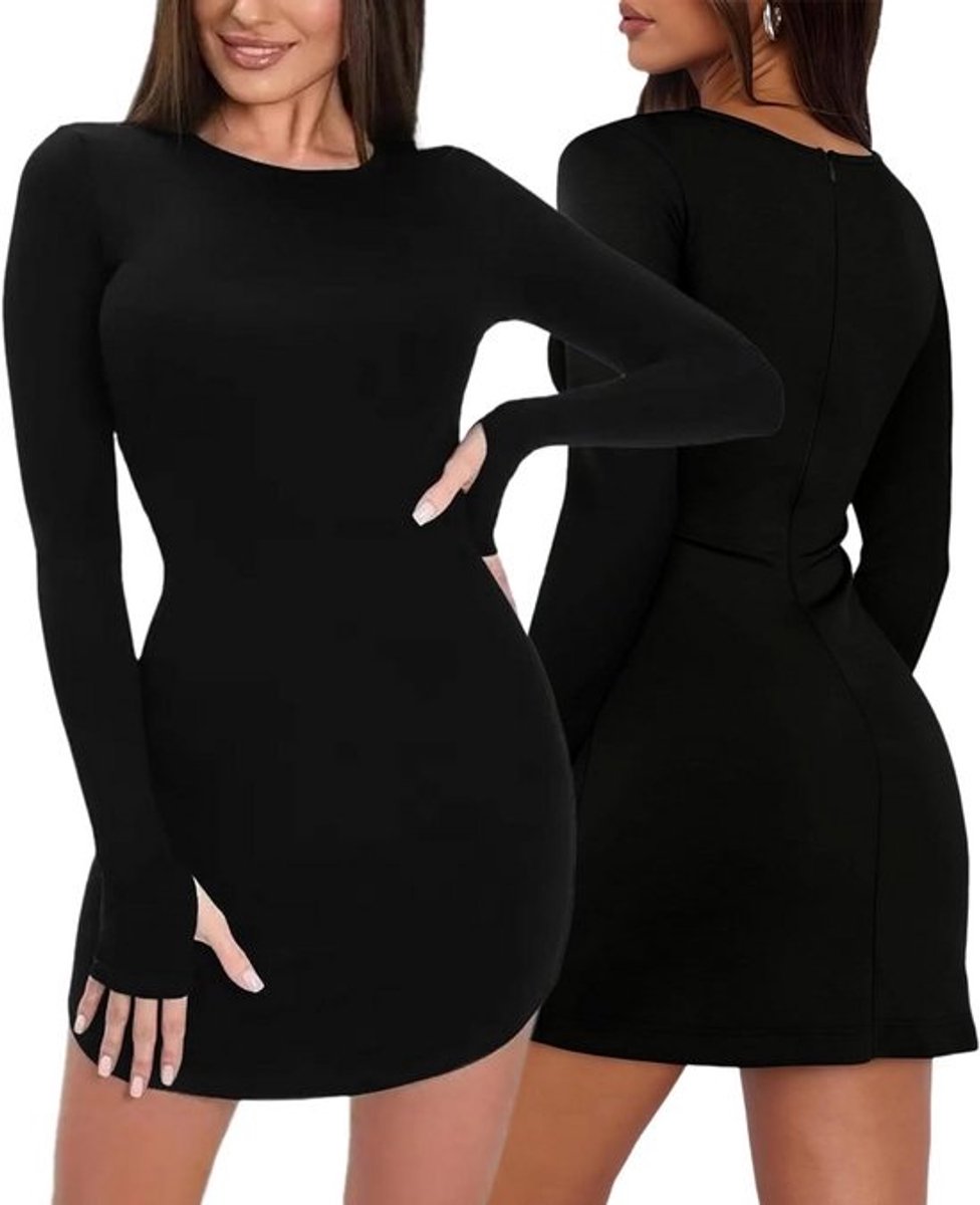 Korte zwarte bodycon jurk met lange mouwen voor dames