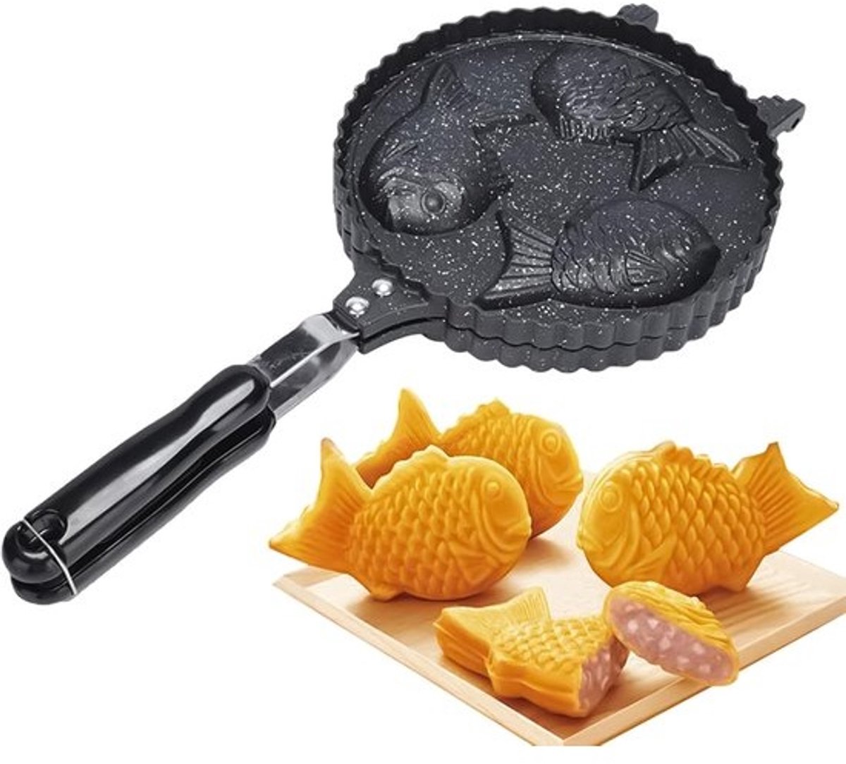 Visvormige Wafelmaker - Wafelijzer Pan - Ontbijt Snacks - Antiaanbaklaag Lange Steel - 41x20cm - Zwart