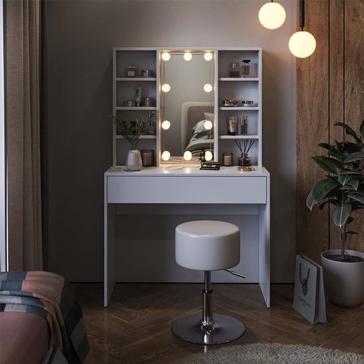 Moderne Kaptafel Wit met Spiegel, Kruk en LED Verlichting (93 cm)