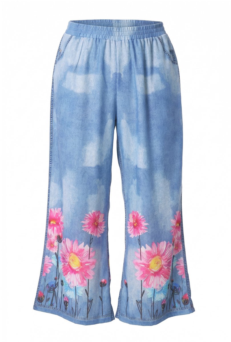 MIAMODA - Dames - Culotte wijde recht pijp denimlook bloemprint - Blauw denim - Maat 58