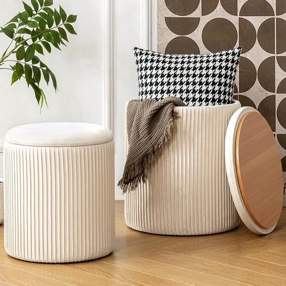 Opberg Poef - Ronde Kruk - Woonkamer Organisatie - Set van Twee - 41 cm Hoog - Beige