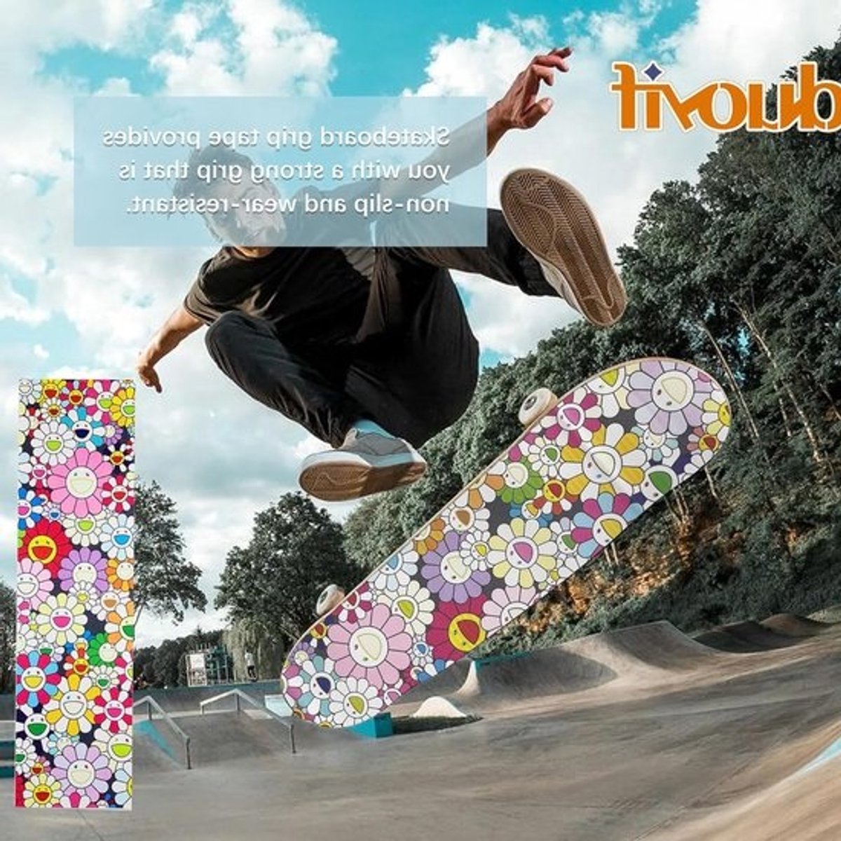 griptape voor skateboard, longboard en scooter - luchtbelvrij antislip slijtvast (zonnebloemen 84 x 23 cm)