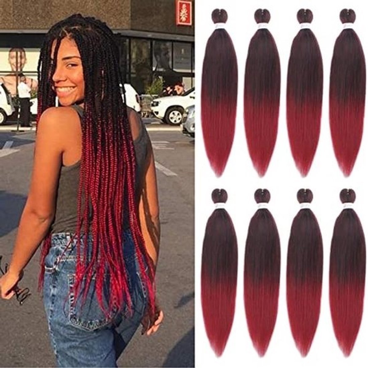 Ombre bordeauxrode voorgerekte hairextensions van 76 cm - Gemakkelijk te vlechten, jeukvrij, synthetisch (8 verpakkingen)