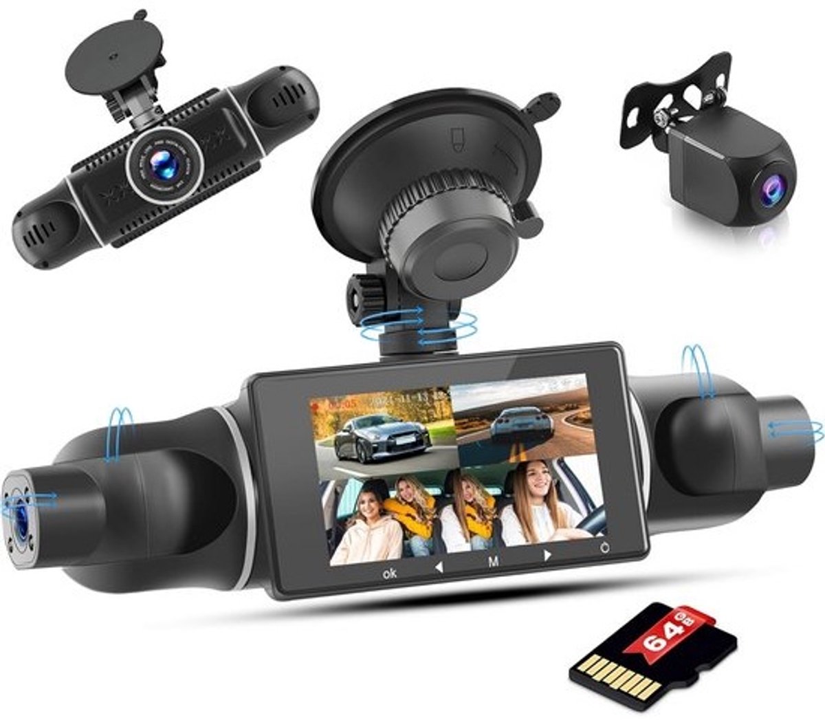 4-Kanal Dashcam Full HD 1080P met 360° Zicht, Nachtzicht en 64GB Geheugen