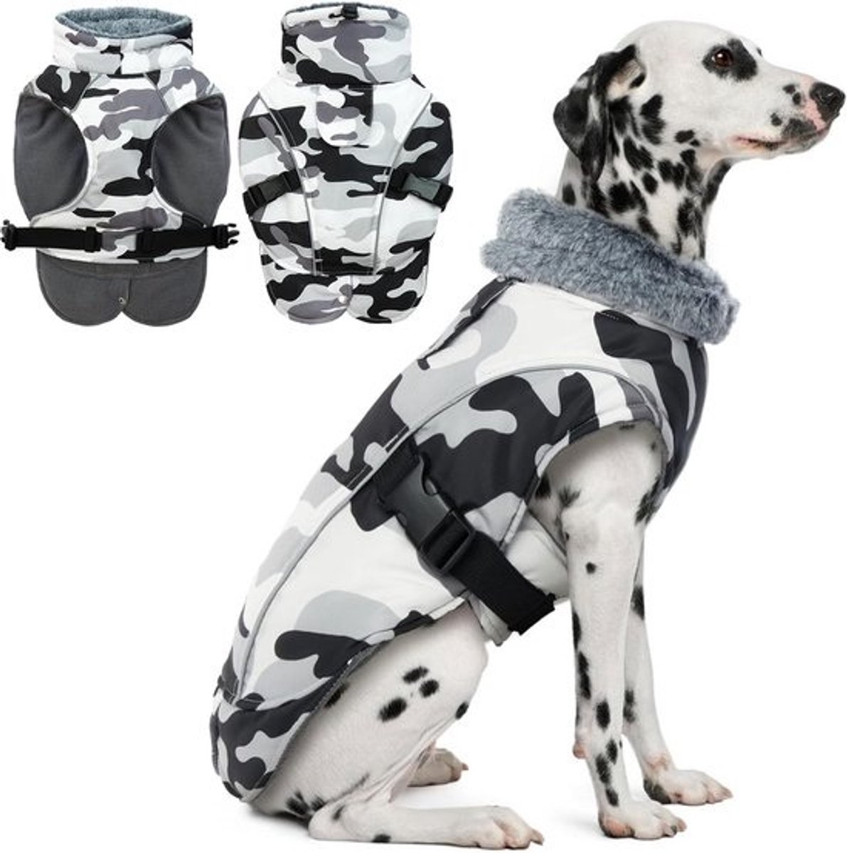 Hondenjas Winter Warm Waterdicht met Harnasopening en Reflectieve Strip - Camouflage Wit