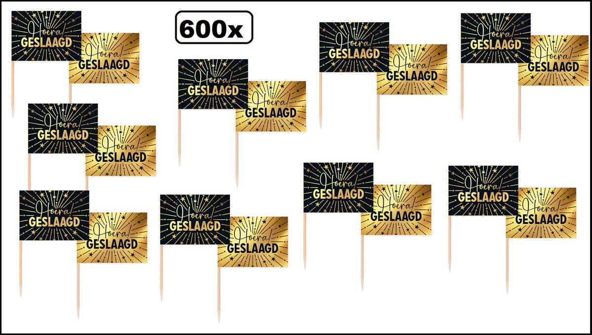 600 stuks Luxe Cocktailprikkers Hoera geslaagd goud/zwart - Vlag prikker geslaagd diploma thema feest cocktail prikker