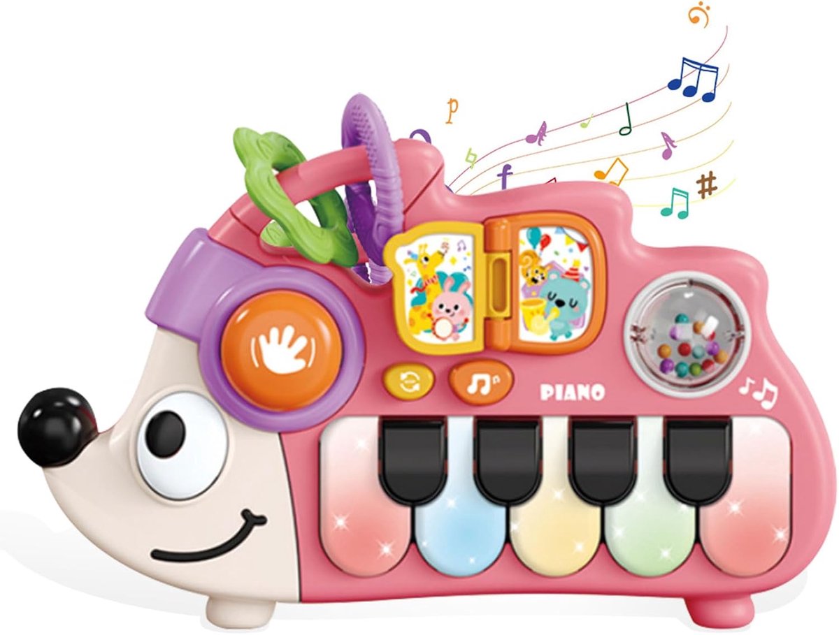 VONKELIOS®Babypiano speelgoed egel - Elektronisch toetsenbord met lichtjes en bijtrammelaars, vroeg leerzaam sensorisch speelgoed voor peuters van 1-3 jaar, educatief muziekspeelgoed voor baby's
