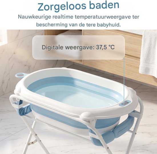 Opvouwbaar babybad met standaard – 3-in-1, met temperatuurweergave, voor baby en peuter,Compact badje met ingebouwde thermometer – draagbaar en ruimtebesparend – blauw — afbeelding 4