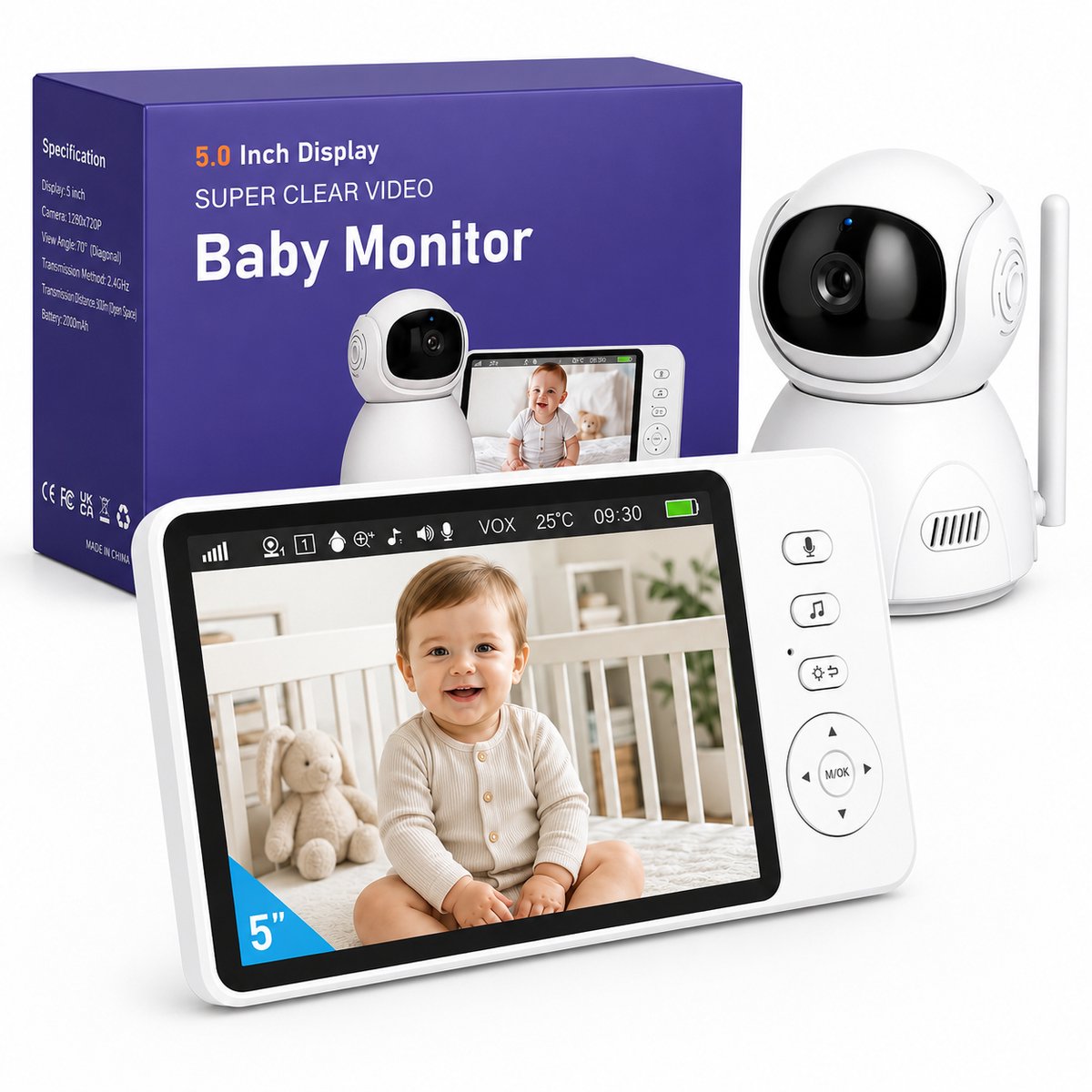 Babyfoon met Camera 5 Inch 720P – Zonder WiFi – Nachtzicht – VOX – 4x Zoom – Tweeweg Audio
