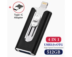4-in-1 512GB Snelle USB Flash Drive - Type-C USB Geheugenstick voor Telefoon, Tablet en Computer - Draagbare Opslag voor Foto's, Video's en Bestanden - Snelle Gegevensoverdracht - Zwart