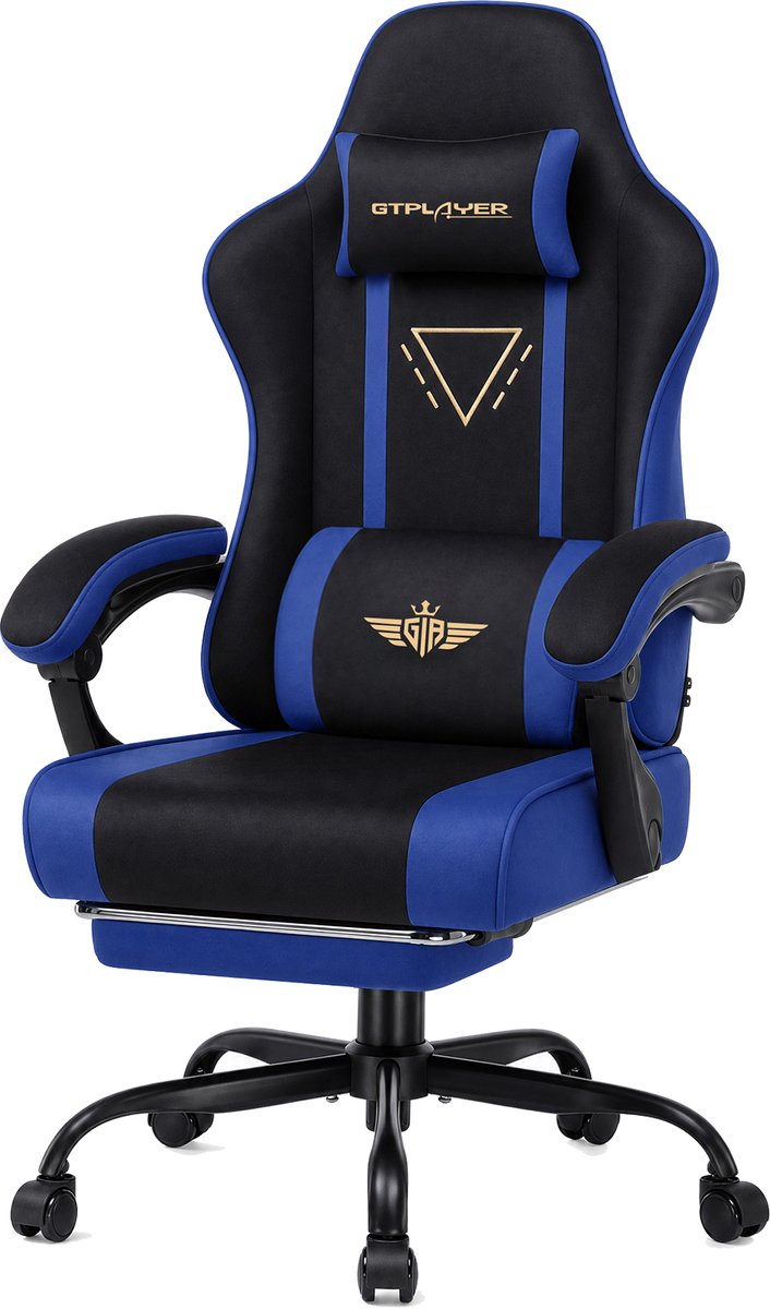 GTPLAYER - Gaming Stoel - Stoffen met Federsitz en Voetensteun 150kg - Blauw