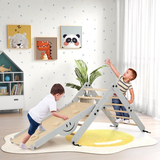 COSTWAY Klimrek voor binnen, klimdriehoek met glijbaan, doe-het-zelf klimladder, indoor speelplaats om te zetten, multifunctionele indoor speelplaats voor kinderen vanaf 3 jaar — afbeelding 5