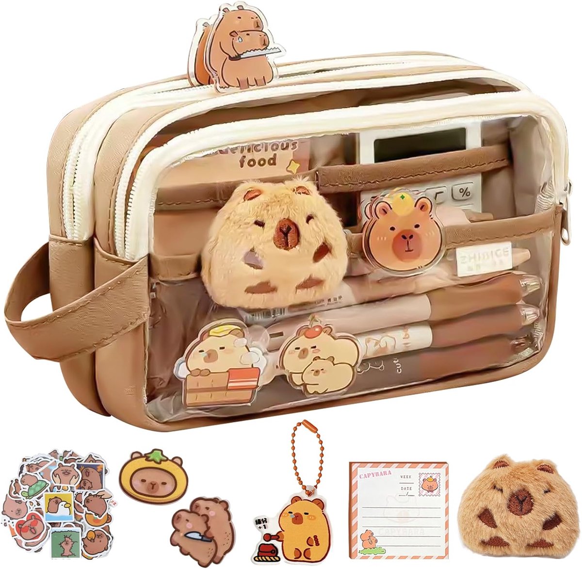 Pennenetui, Capybara-etui, Capybara-schrijfwarenset, pennenetui met grote capaciteit, voor school- en kantoorbenodigdheden, Bruin