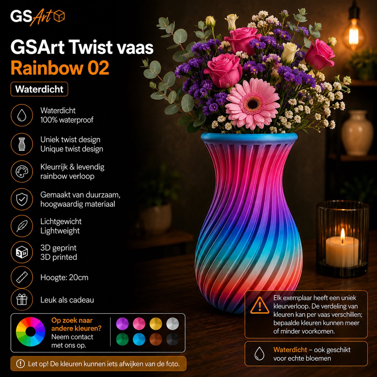 GSArt Twist Vaas Rainbow 02 – Waterdicht – 20 cm – Uniek Kleurverloop