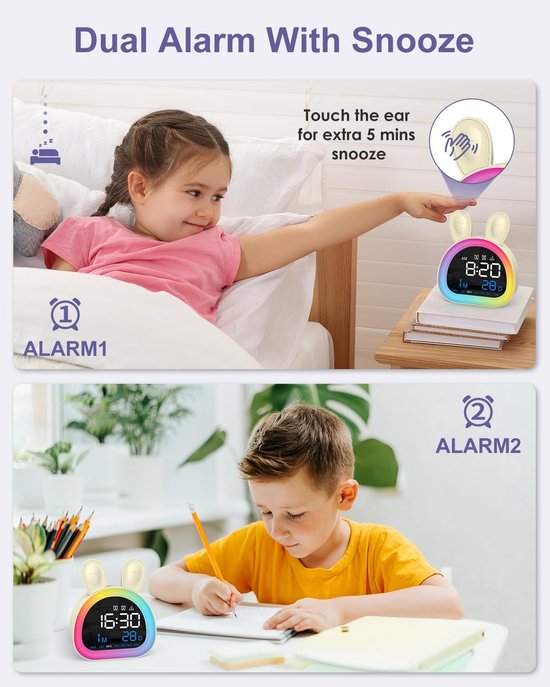 Kinderen Wekker, OK om Klok Voor Kinderen Met Touch Control Wakker, Bluetooth Tijd Sync, 9-kleur Nachtlampje, 6 Rustgevende Geluiden, Dual Alarm, Kinderen Wekker Leuke Konijn Cadeaus voor Meisjes — afbeelding 3