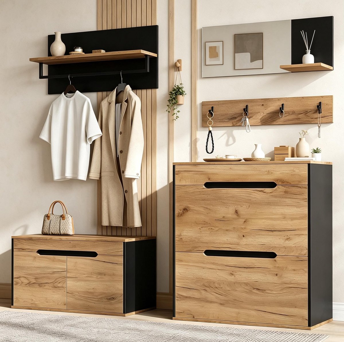 MODFU - Schoenenkast - Modulair Met Spiegel - MDF En Spaanplaat - Naturel Zwart