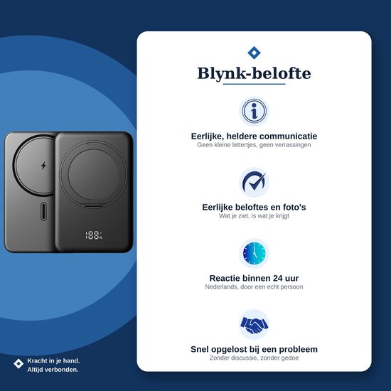 Twee zwarte magnetische powerbanks, één met een digitaal display dat 100% aangeeft.