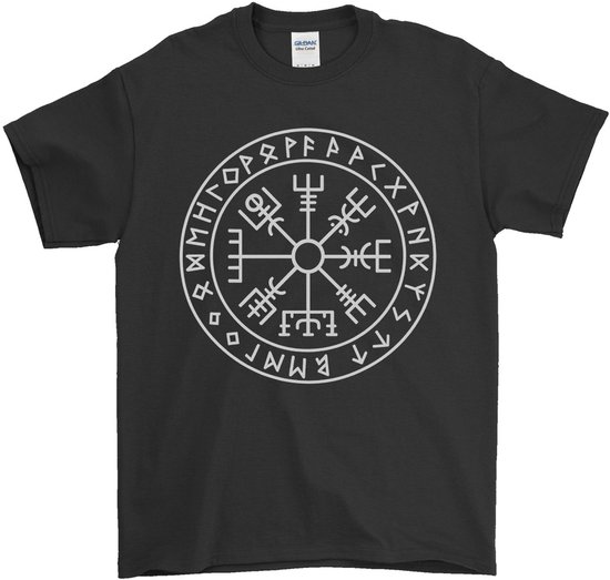 Zwart T-shirt met een wit Viking kompas (Vegvisir) symbool op de voorkant.