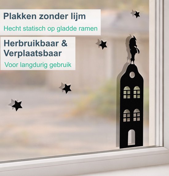 Zwarte raamsticker van een huisje met een Piet erop, hecht statisch en is herbruikbaar.