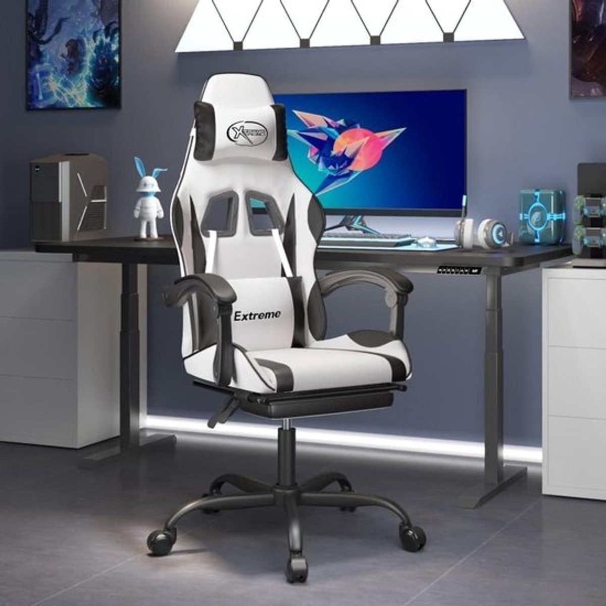 Gaming stoel - Comfortabele stoel - Intensief gamen - Met voetensteun - Wit en zwart