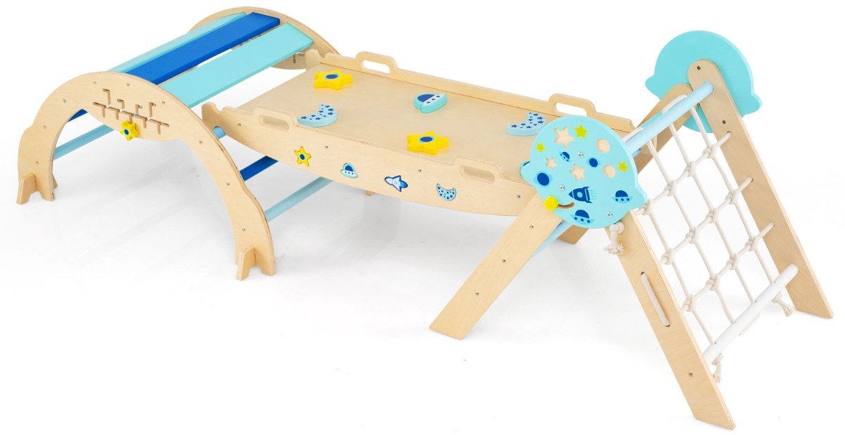 SureDeal® - Klimrekk - Driehoekige Klimset Helling - Klimmer Houten Speelgoed - Baby Montessori speelgoed - 204x53x56 cm - Naturel + Blauw + Geel