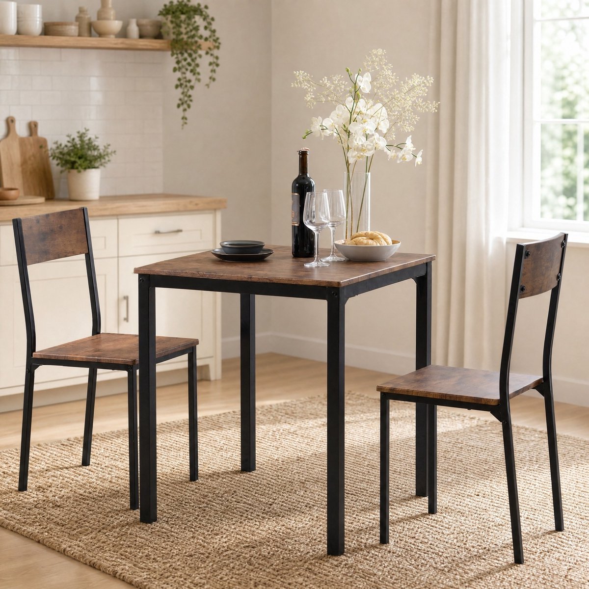 Wishdor Set tafel en stoelen - 2 stoelen - Compact opbergbaar onder de tafel - Industrieel - Keuken woonkamer balkon - Metaal en houtlook - 70 x 70 x 75 cm