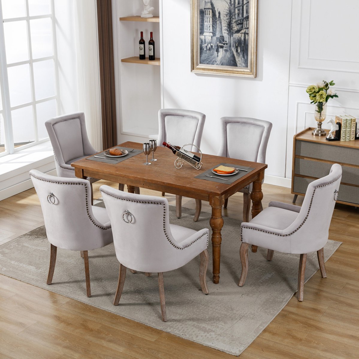 Wishdor Eetkamerstoel set van 6 - Polsterstoel met armleuningen en hoge rug - 4-poots houten onderstel - Scandinavisch - Eetkamer woonkamer - Grijs - 55 x 61 x 91 cm