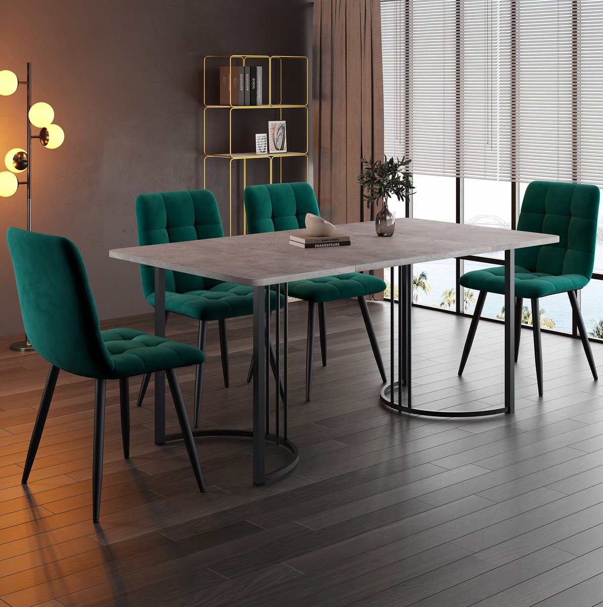Wishdor Set tafel en stoelen - 5-delige eetset - Eettafel met 4 stoelen - Modern voor keuken en eetkamer - Metaal en bewerkt hout - Grijs en groen - 140 x 80 x 75 cm