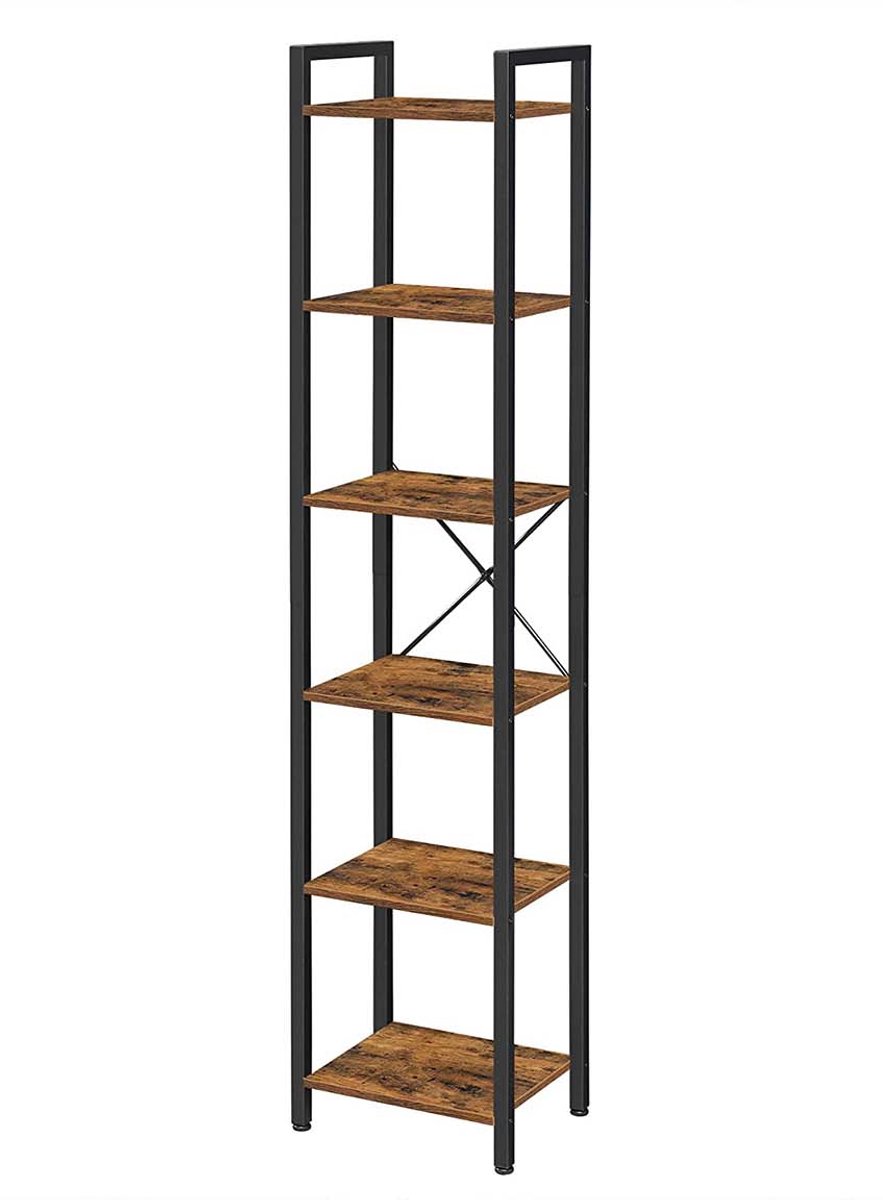 Boekenkast Opbergrek Displayrek 40 x 30 x 178,5 cm Bruin + Zwart 6 open planken Spaanplaat gecombineerd met stalen frame X-vormige constructie Max. draagvermogen 50 kg Met verstelbare voetjes Geschikt voor woonkamer slaapkamer en kantoor