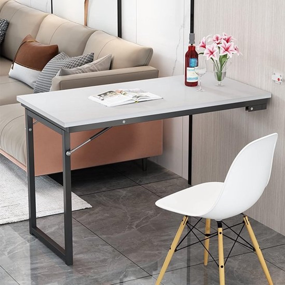 Opvouwbaar Wandbureau - Eettafel Bureau - Kleine Ruimtes - Ruimtebesparend Ontwerp - 90x60cm - Wit