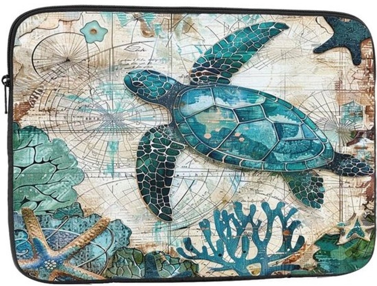 Laptoptas Zeeschildpad - Nautische Kaart Hoes - Zakelijk Dagelijks Gebruik - Schokabsorberend Schuim - Tot 17 Inch - Meerkleurig
