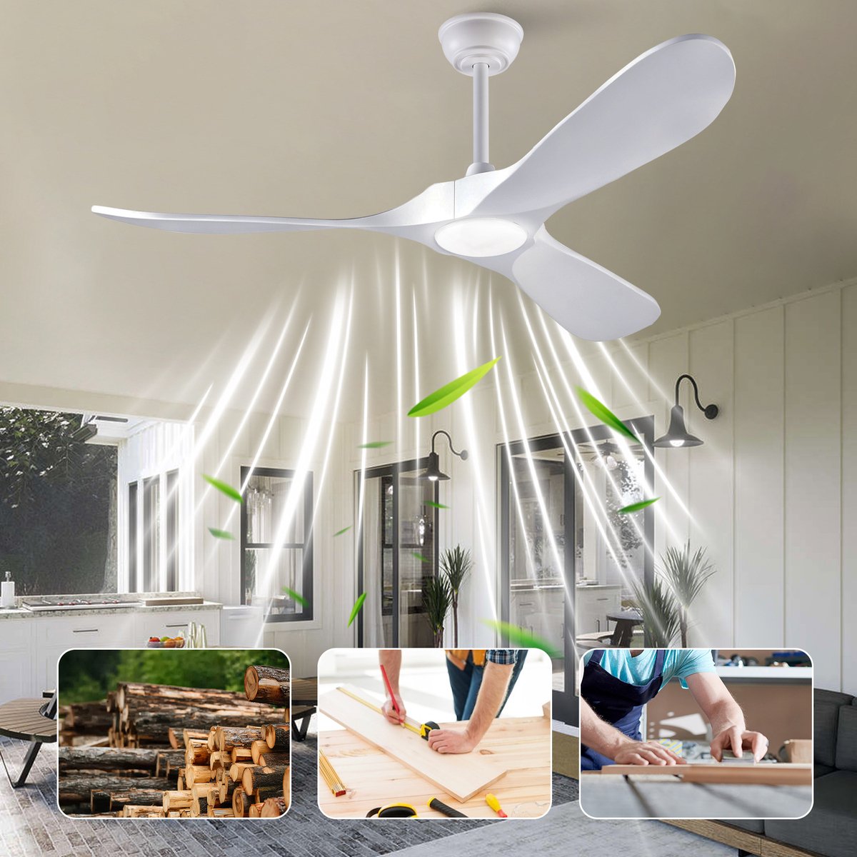 COVREO Plafondventilator met verlichting 132 cm wit hout - afstandsbediening - 6 snelheden - timer