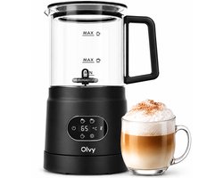 Olvy Melkopschuimer Glas - Elektrische Melkopschuimer 500W - 4-in-1 - Warm & Koud Schuim - 160 ml Melkschuim - 400 ml Warme Melk - Temperatuurdisplay - BPA & PFAS Vrij - Zwart