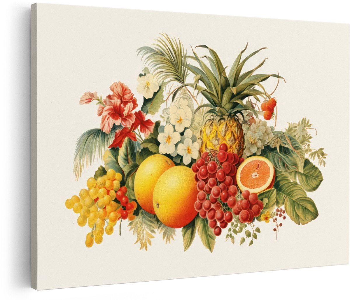 Artaza Canvas Schilderij Tropisch Stilleven - 180x120 cm - Groot - Wanddecoratie Ananas - Muurdecoratie Bloemen - Decoratie Fruit Vintage