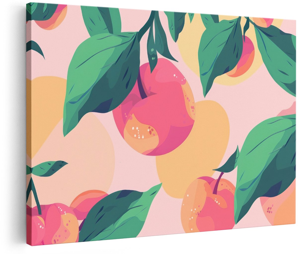 Artaza Canvas Schilderij Perziken - 180x120 cm - Groot - Wanddecoratie Fruit - Muurdecoratie Botanisch - Decoratie Bladeren Pastel - Roze