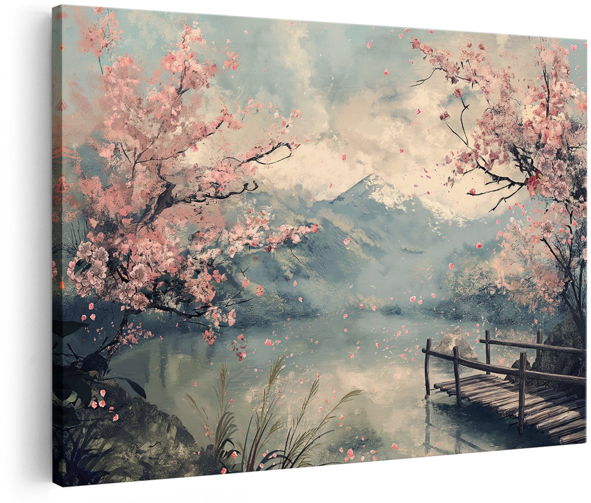 Artaza Canvas Schilderij Kersenbloesem - 180x120 cm - Groot - Japandi Wanddecoratie - Muurdecoratie Berglandschap - Schilderijen Natuur