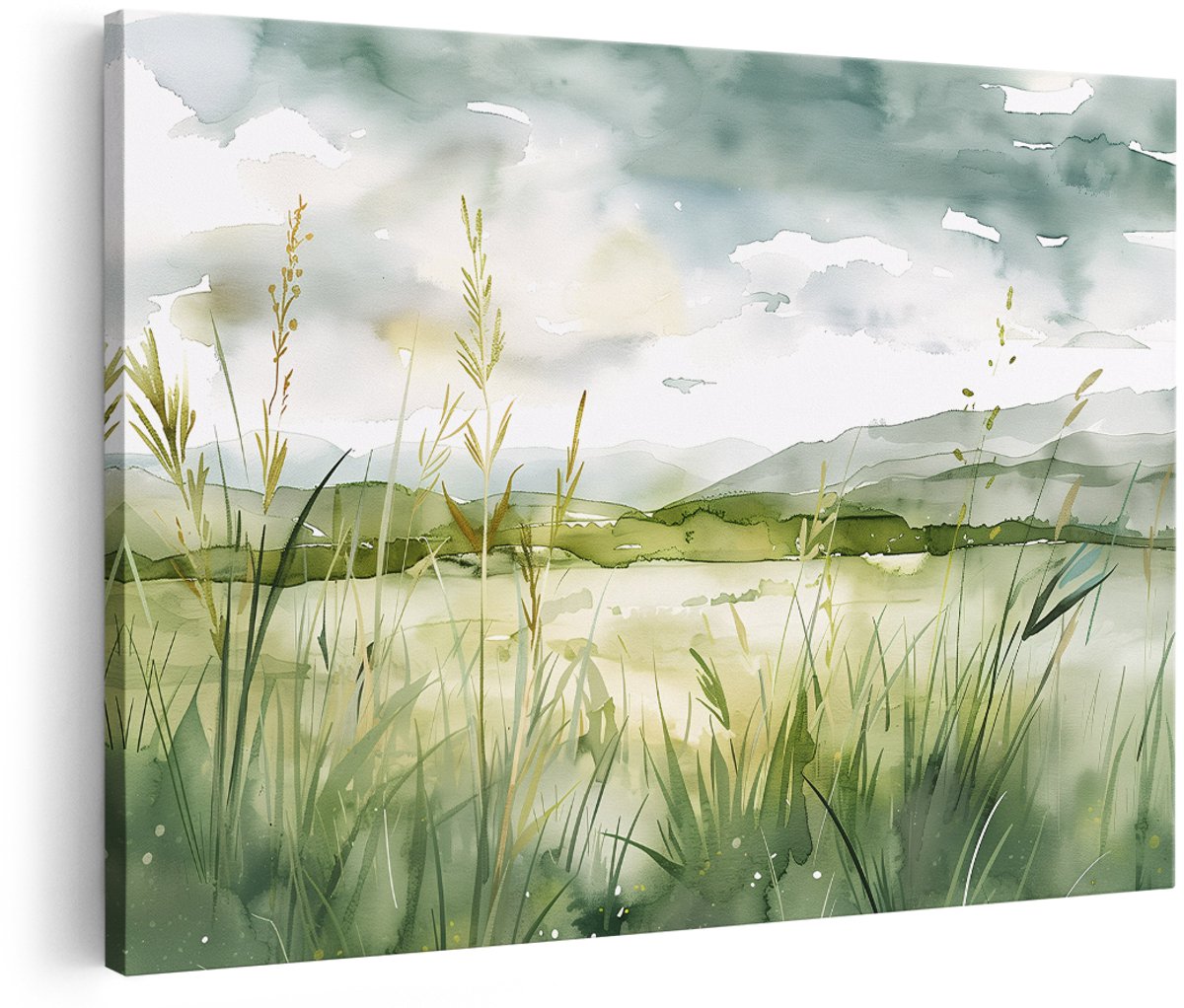 Artaza Canvas Schilderij Landschap - 180x120 cm - Groot - Wanddecoratie Natuur Aquarel - Muurdecoratie Heuvels - Schilderijen Op Canvas Woonkamer