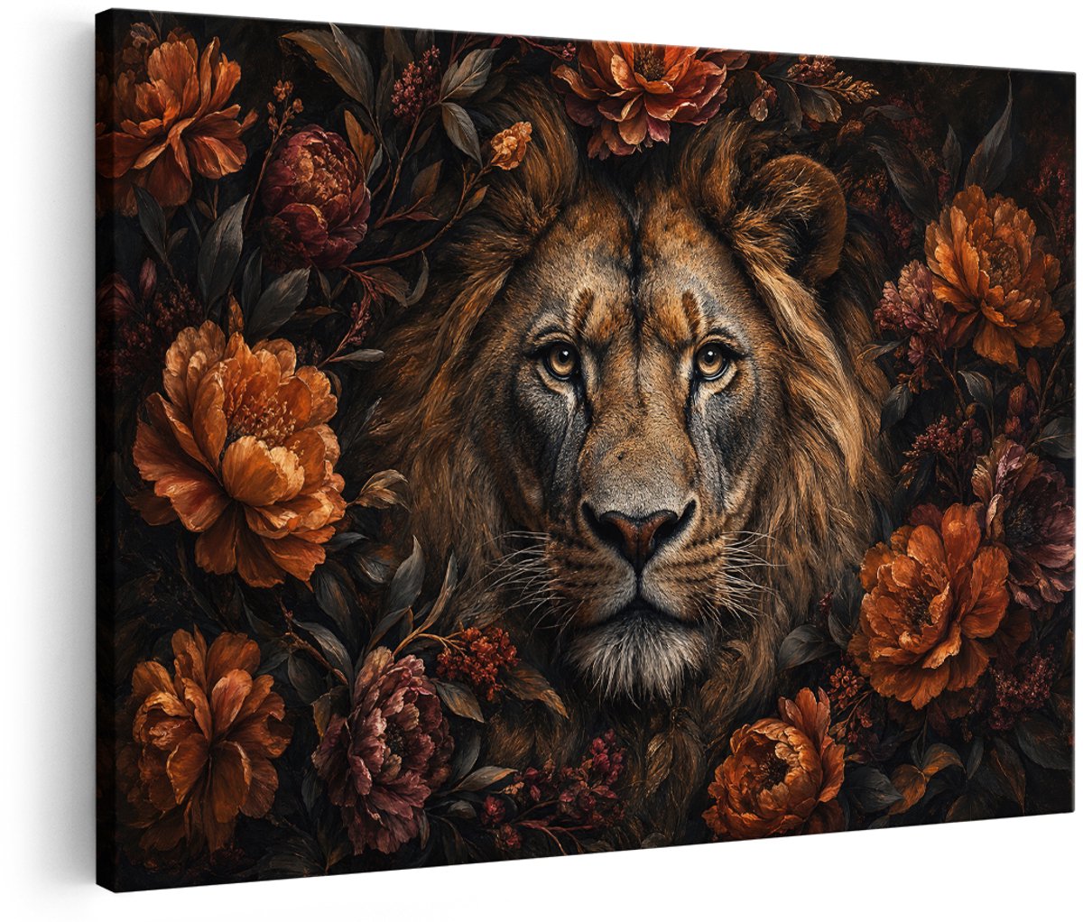 Artaza Canvas Schilderij Leeuw Met Bloemen - Donkere Natuur Kunst - 180x120 cm - Groot - Wanddecoratie Woonkamer - Schilderijen - Muurdecoratie