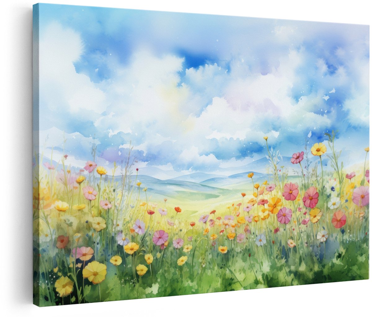 Artaza Canvas Schilderij Bloemenweide - 180x120 cm - Groot - Wanddecoratie Bloemen - Muurdecoratie Landschap - Schilderijen Op Canvas Natuur