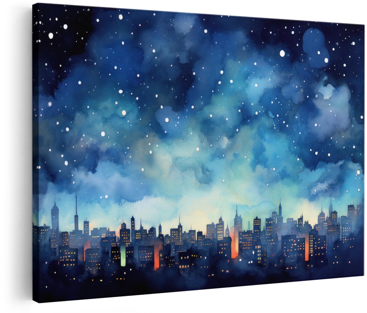Artaza Canvas Schilderij Skyline - 180x120 cm - Groot - Wanddecoratie Stad Bij Nacht - Muurdecoratie Sterrenhemel - Decoratie Aquarel Blauw