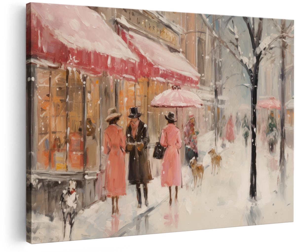 Artaza Canvas Schilderij Winter Straatscène - 180x120 cm - Groot - Vintage Wanddecoratie - Muurdecoratie Parijs - Decoratie Schilderij Dames - Schilderijen Op Canvas