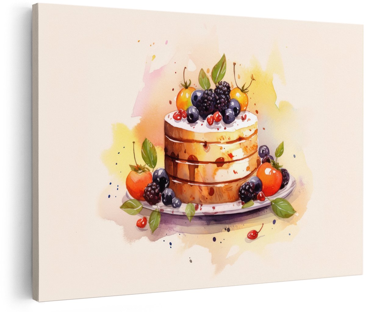 Artaza Canvas Schilderij Taart Met Fruit - 180x120 cm - Groot - Wanddecoratie Aquarel - Muurdecoratie Keuken - Decoratie Bessen - Schilderijen Op Canvas