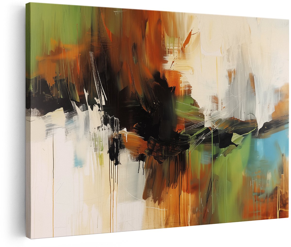 Artaza Canvas Schilderij Abstract met Groene Blauwe en Oranje Kleuren - 180x120 cm - Groot - Wanddecoratie Woonkamer - Schilderijen - Muurdecoratie