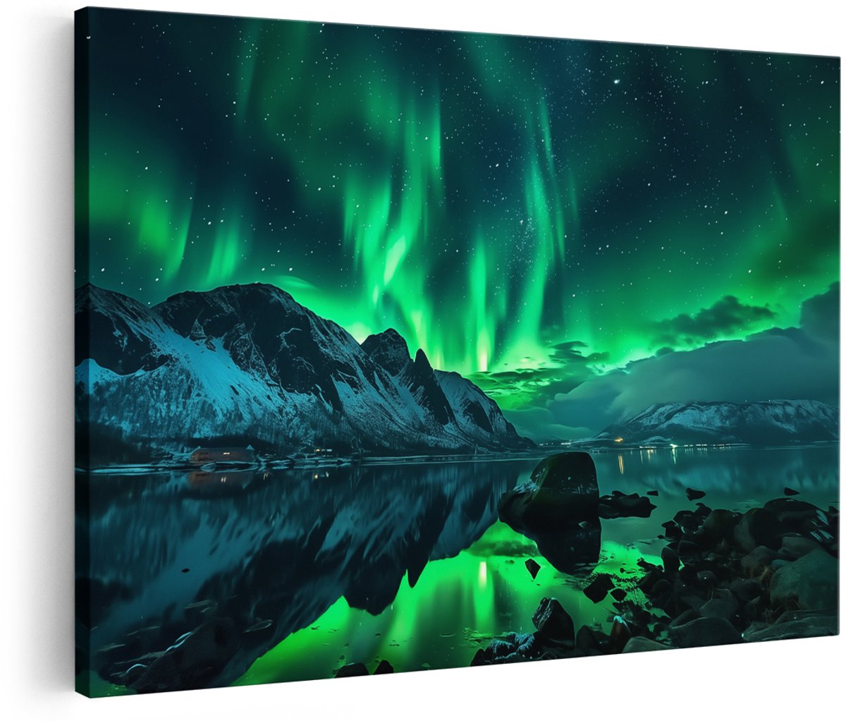 Artaza Canvas Schilderij Aurora Borealis aan de Nachtelijke Hemel - 180x120 cm - Groot - Wanddecoratie Woonkamer - Schilderijen - Muurdecoratie